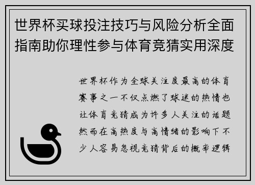 世界杯买球投注技巧与风险分析全面指南助你理性参与体育竞猜实用深度
